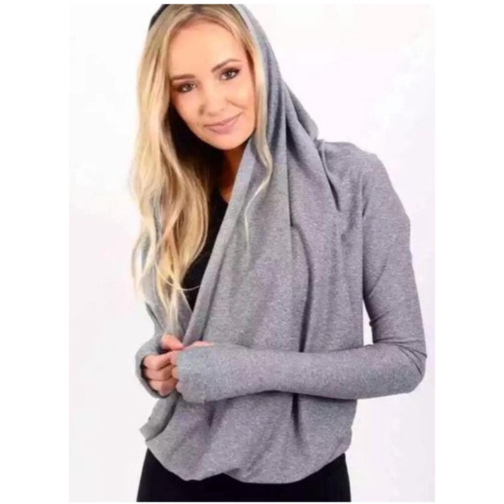 ZYIA Active Haze Yoga Shawl Crossover Cowl Hood Pullover Light Heather Gray XXL